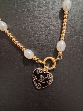 Gold Beaded Pearl Necklace with Black Heart Charm
